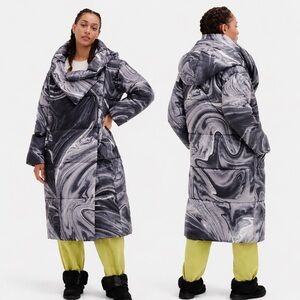 NWT UGG Catherina Black White Marble Puffer Coat Waterproof Size Medium